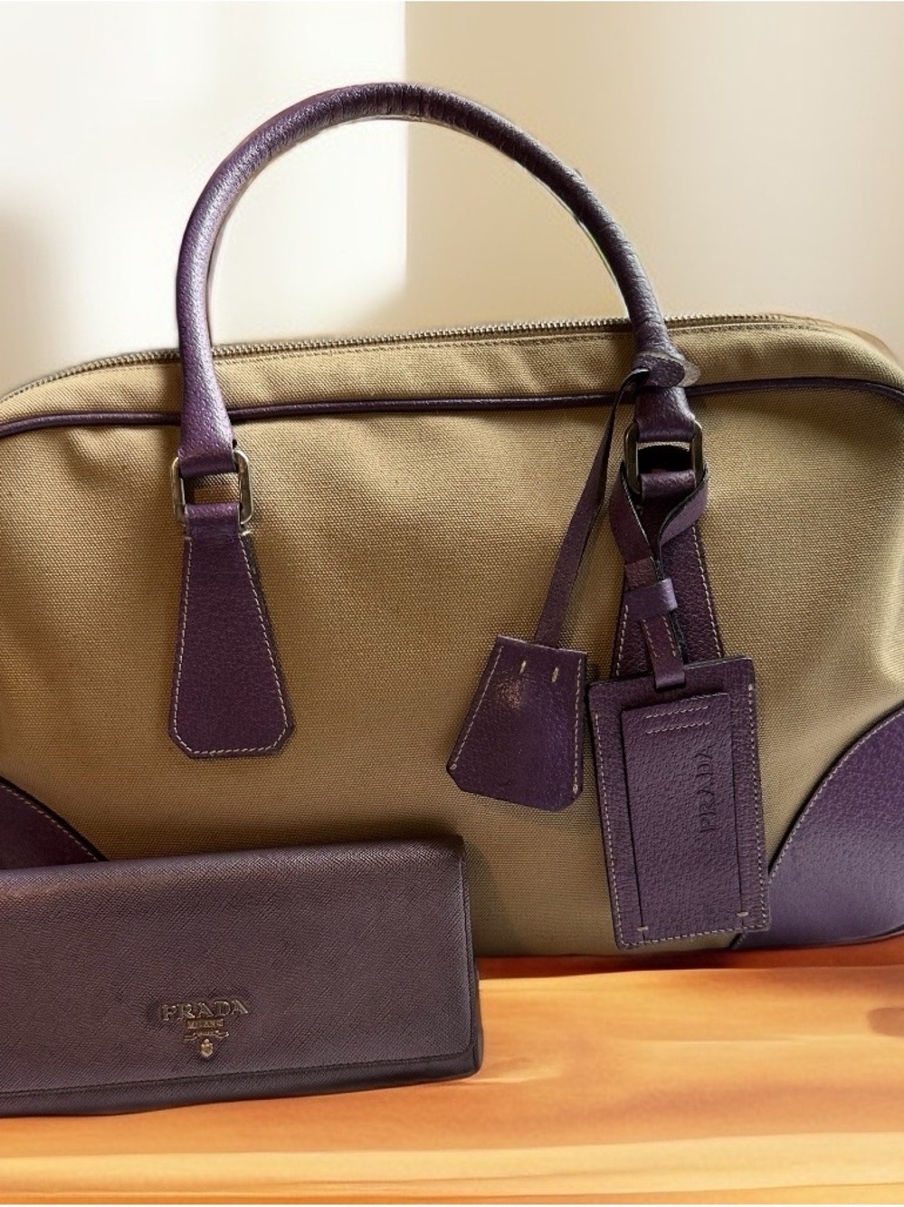 Prada Canapa Bauletto Canvas Bag w/ Purple Leather Trim & Matallic Purple Wallet